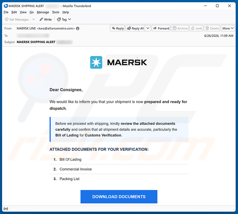 Campagne de spam par e-mail MAERSK Shipment Ready For Dispatch
