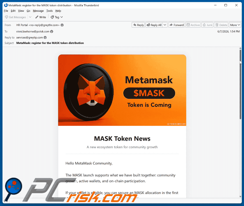 E-mail d'arnaque MetaMask ($MASK) Token Allocation (GIF)