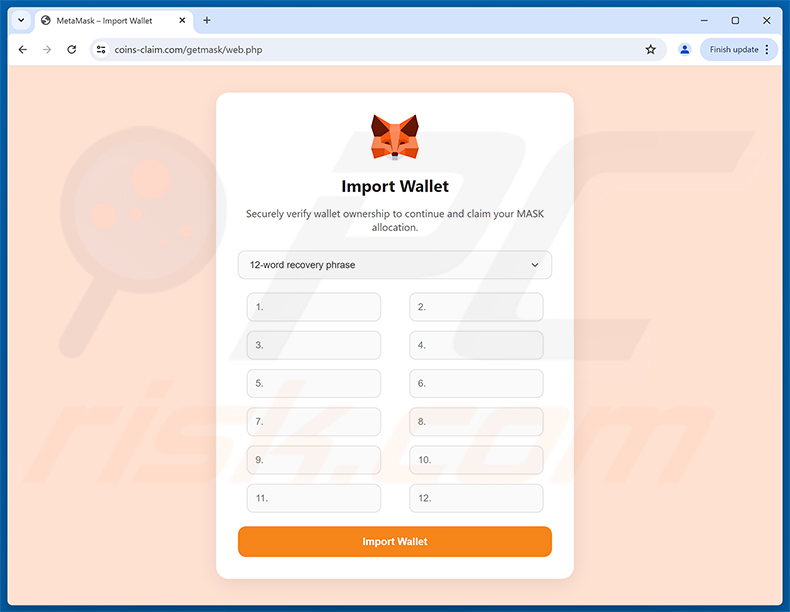 Page d'hameçonnage MetaMask ($MASK) Token Allocation (étape 3 - fausse page Import Wallet)