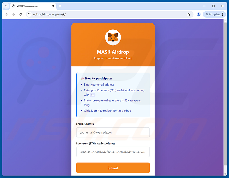 Page d'hameçonnage MetaMask ($MASK) Token Allocation (étape 1 - formulaire d'inscription à l'airdrop)