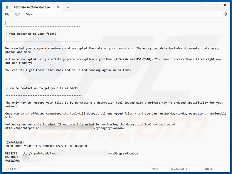 Demande de rançon du ransomware MORTAR (README-4RcrXfvVksS5ACA.txt)
