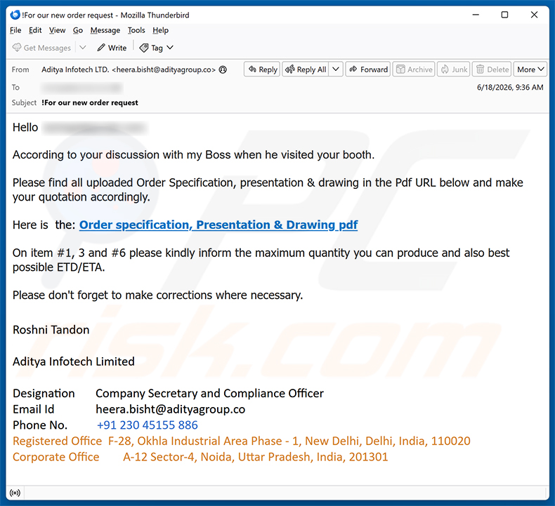 Campagne de spam par e-mail de l'arnaque Order Specification, Presentation & Drawing