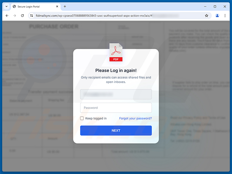 Page de phishing de l'arnaque par e-mail Order Specification, Presentation & Drawing