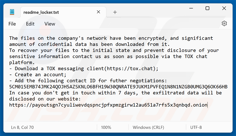 Demande de rançon du ransomware Payouts Kings (readme_locker.txt)