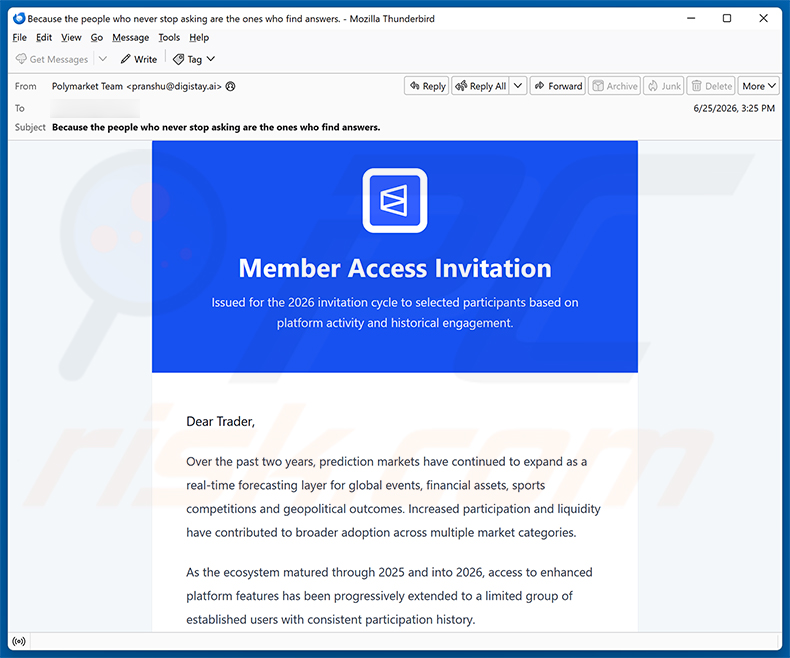 Campagne de spam par e-mail Polymarket Member Access Invitation