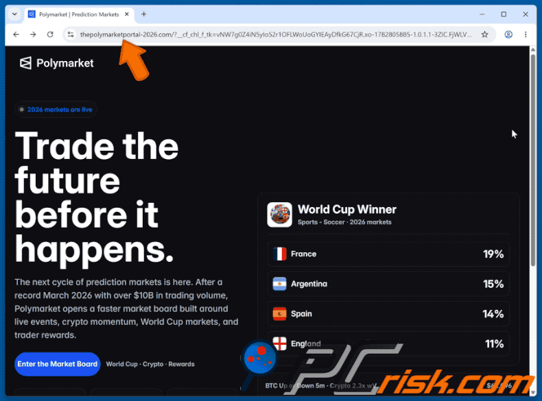 Faux site web Polymarket fonctionnant comme un drainer (thepolymarketportal-2026[.]com)