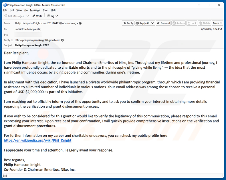 Campagne de spam par e-mail Private Worldwide Philanthropic Program