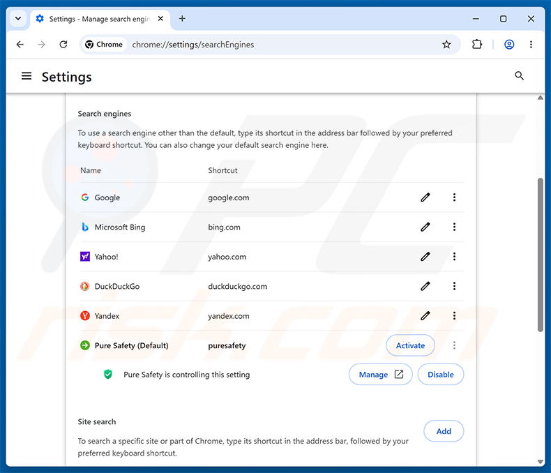 Suppression de Pure Safety (pureextension.net) du moteur de recherche par défaut de Google Chrome