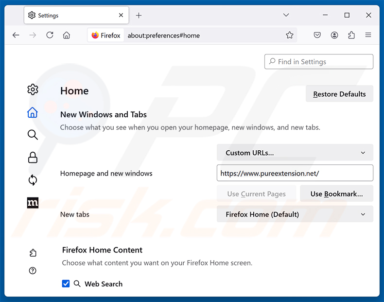 Suppression de Pure Safety (pureextension.net) de la page d'accueil de Mozilla Firefox