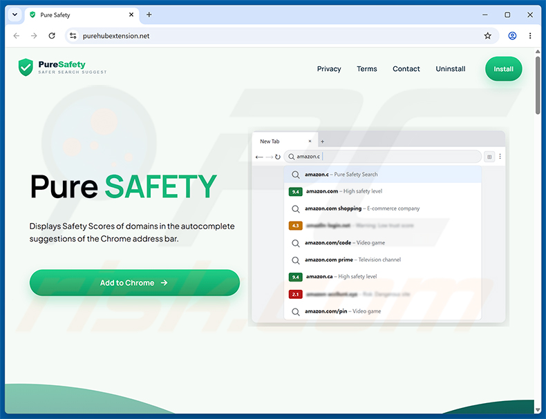 Site Web promotionnel officiel du pirate de navigateur Pure Safety (pureextension.net) (exemple 1)