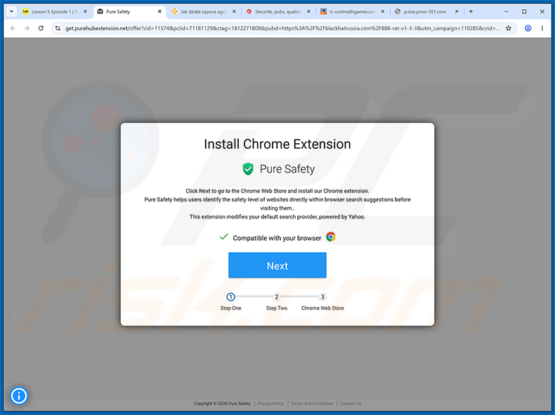 Site Web promotionnel officiel du pirate de navigateur Pure Safety (pureextension.net) (exemple 2)