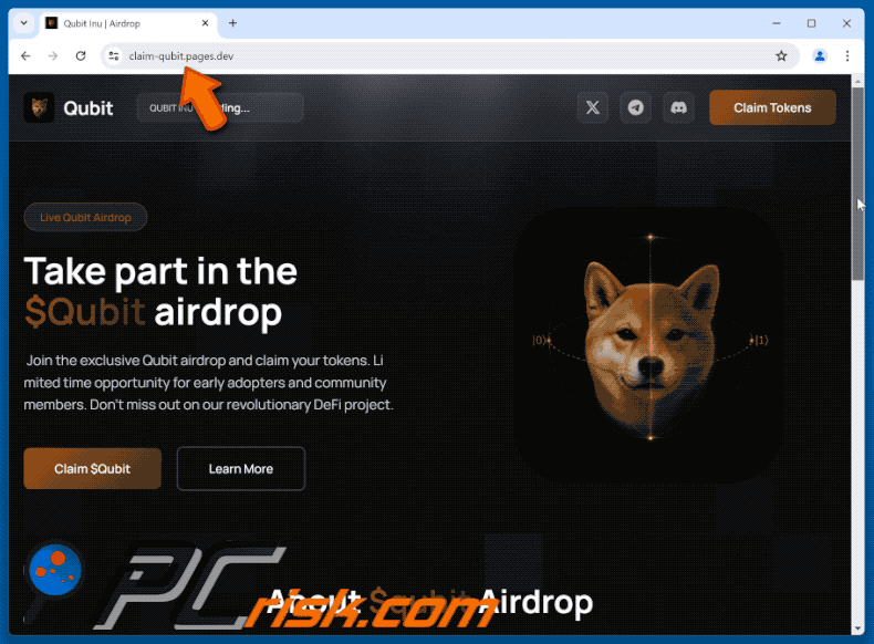 Apparence de l'arnaque $Qubit Airdrop (claim-qubit.pages[.]dev) (GIF)