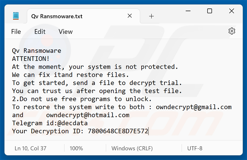 Note de rançon du rançongiciel Qv (Qv Ransomware.txt)