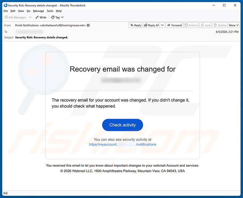 Campagne de spam par e-mail de l'arnaque Recovery Email Was Changed