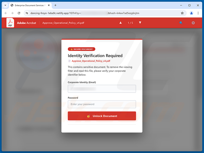 Page de phishing Revised Invoice arnaque par e-mail