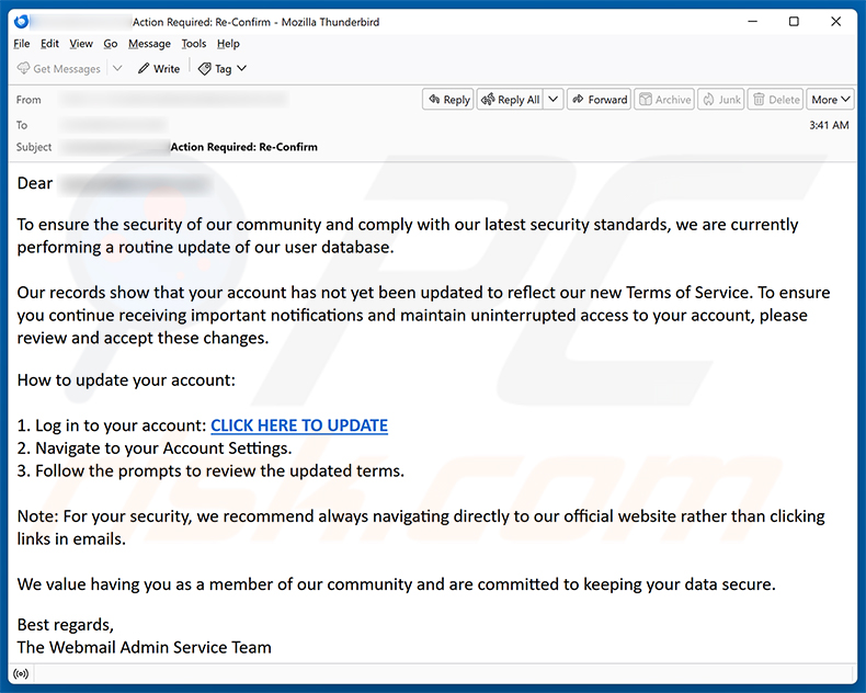 Campagne de spam par e-mail Routine Update Of User Database