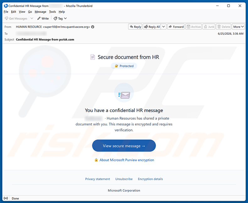 Campagne de spam par e-mail Secure Document From HR