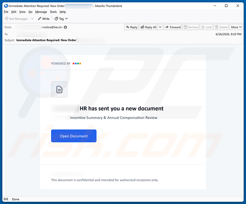 Arnaque par e-mail Secure Document From HR (2026-06-30)