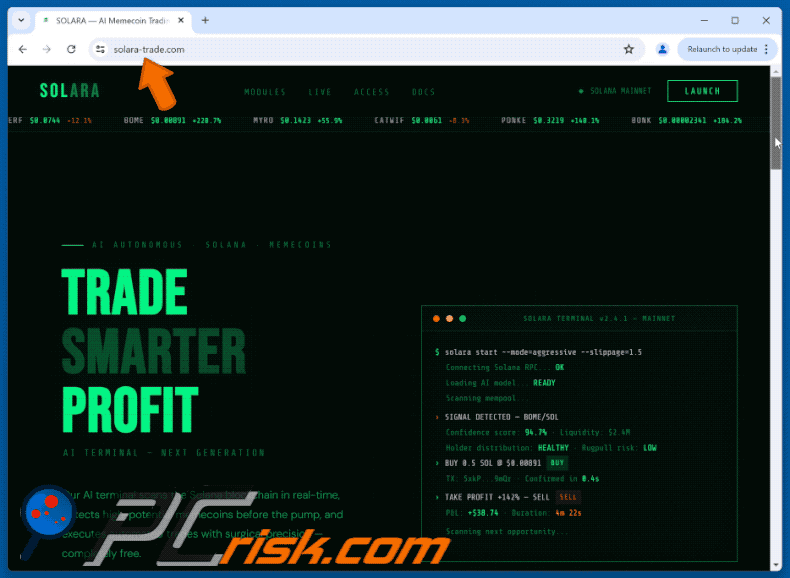 Apparence de l'arnaque SOLARA — AI Memecoin Trading Terminal On Solana (GIF)