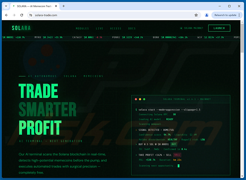 Arnaque SOLARA — AI Memecoin Trading Terminal On Solana (solara-trade[.]com)