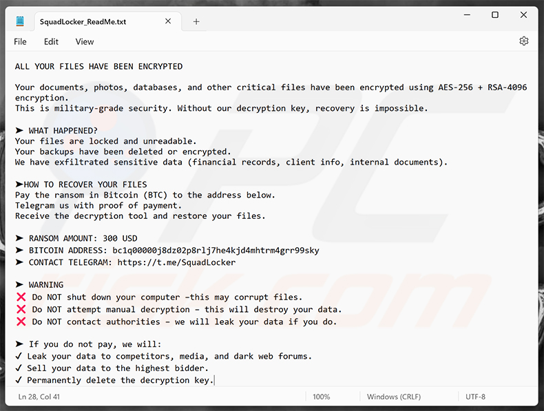 Demande de rançon du ransomware SquadLocker (SquadLocker_ReadMe.txt)