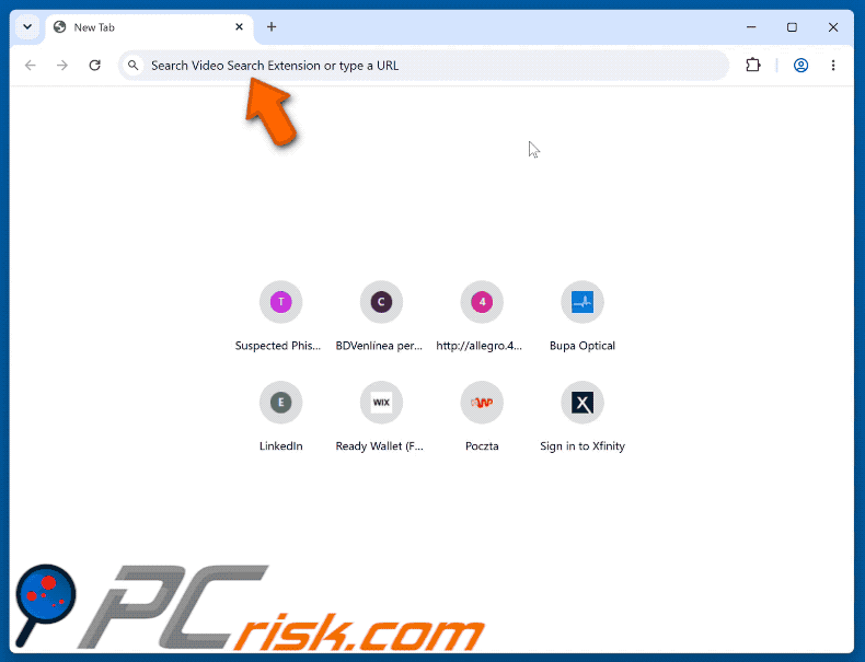 Pirate de navigateur Video Search Extension (myvideolibrary.info) redirigeant vers Bing (GIF)
