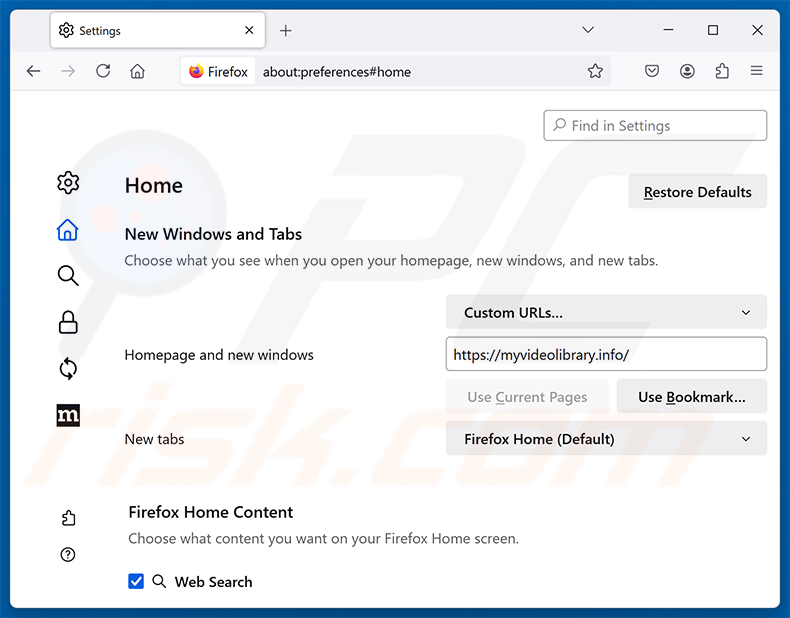 Suppression de Video Search Extension (myvideolibrary.info) de la page d'accueil de Mozilla Firefox