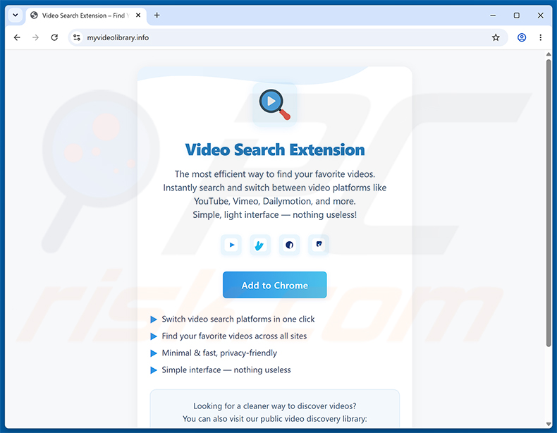 Site web faisant la promotion du pirate de navigateur Video Search Extension (myvideolibrary.info)