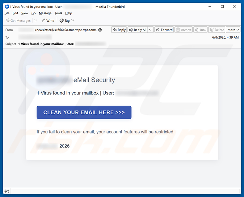 Campagne de spam par e-mail Virus Found In Your Mailbox