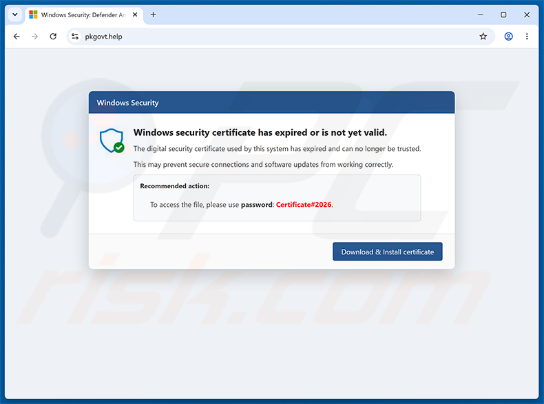 Arnaque par pop-up « Windows Security Certificate Expired/Invalid »