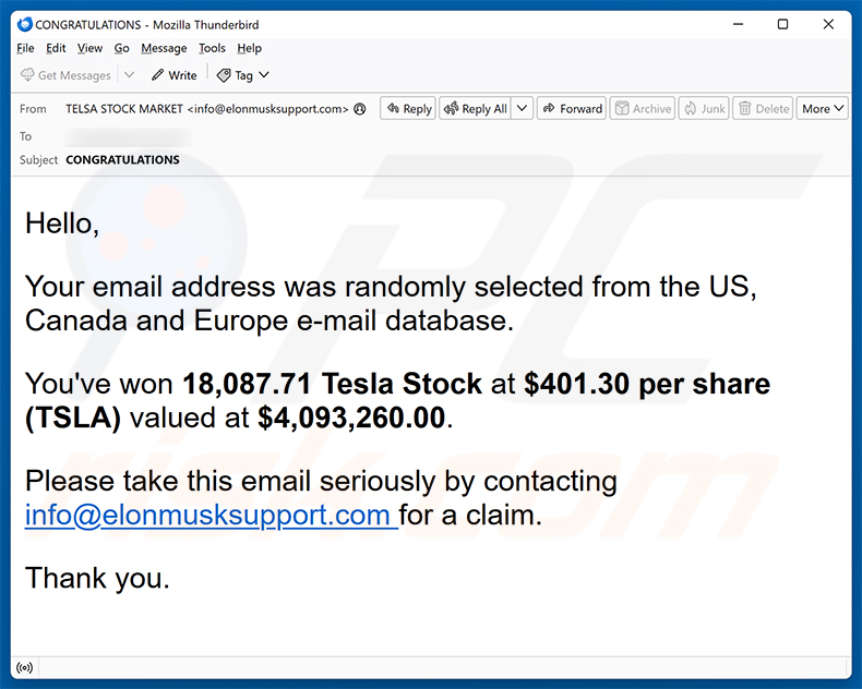 Campagne de spam par e-mail You've Won Tesla Stock