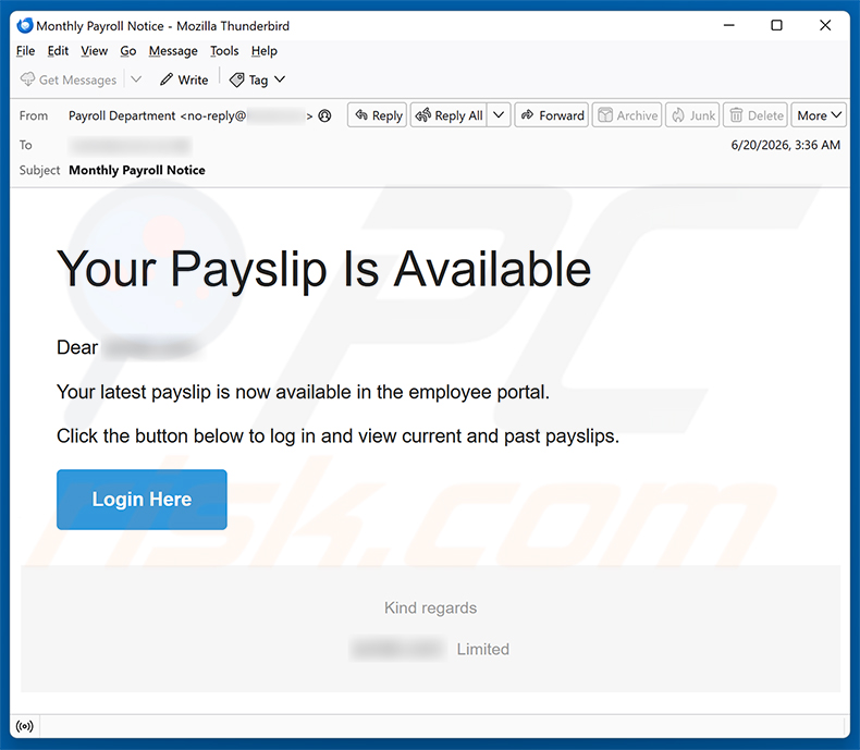 Campagne de spam par e-mail Your Payslip Is Available