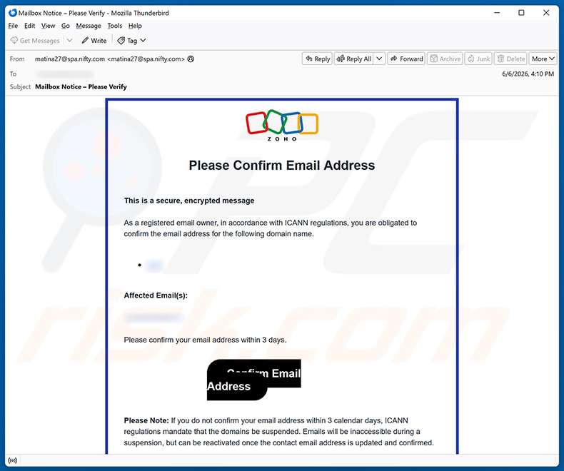 Campagne de spam par e-mail Zoho Email Address Verification Scam