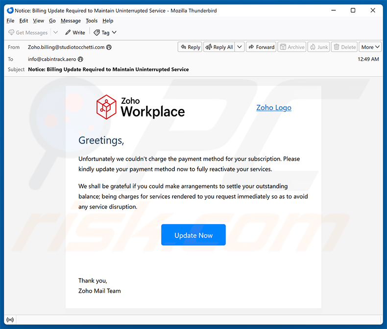 Campagne de spam par e-mail Zoho Workplace Payment Method Update