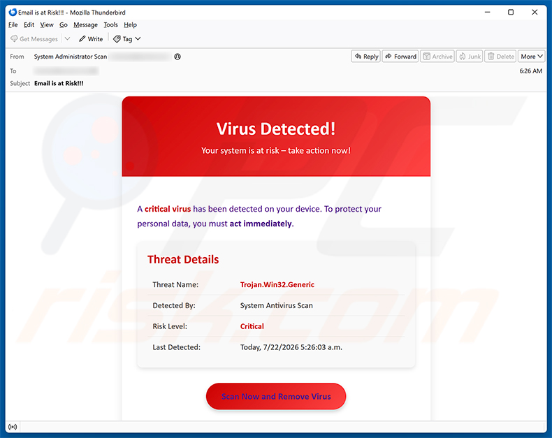 Campagne de spam par e-mail A Critical Virus Has Been Detected On Your Device arnaque par e-mail