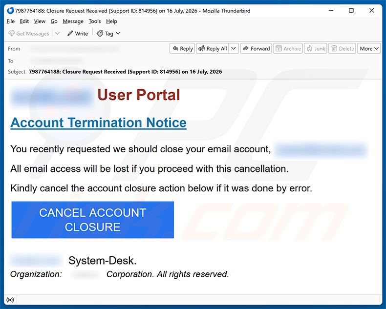 Campagne de spam par e-mail Account Termination Notice