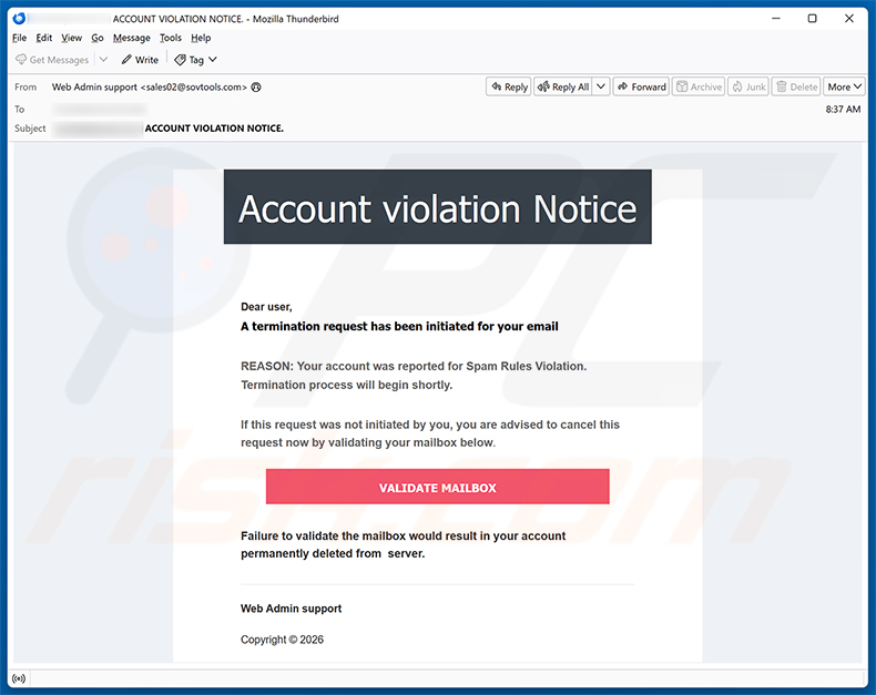 Campagne de spam par e-mail Account Violation Notice