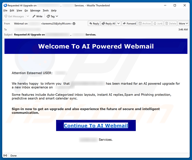 Campagne de spam par e-mail AI Powered Webmail Scam