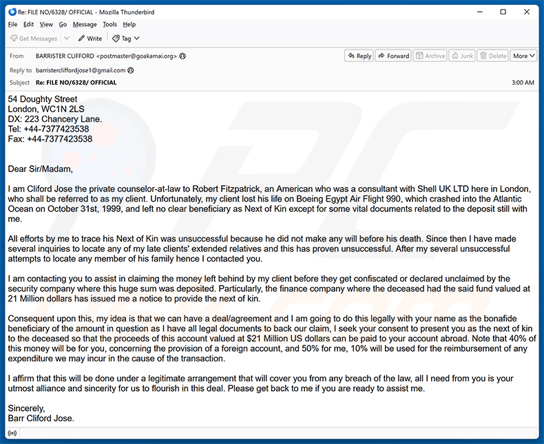Assistance In Claiming The Money arnaque par e-mail