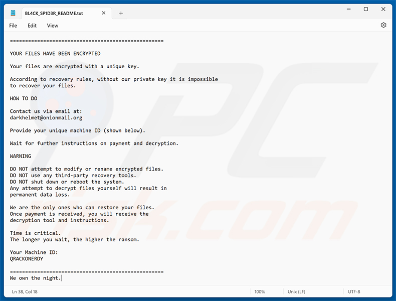 Demande de rançon du ransomware BL4CK SP1D3R (BL4CK_SP1D3R_README.txt)