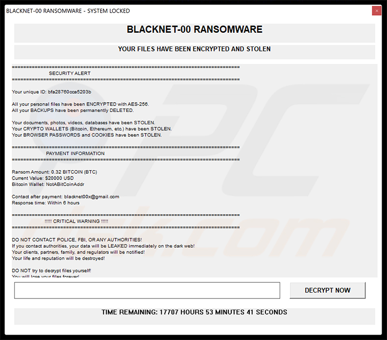 Fenêtre contextuelle du rançongiciel BLACKNET