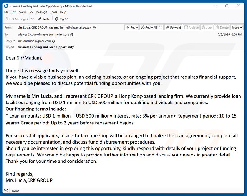 Campagne de spam par e-mail Business Funding Opportunities