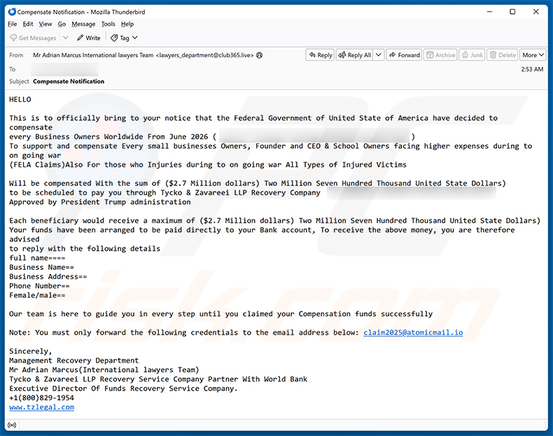 Campagne de spam par e-mail Business Owner Compensation Email Scam