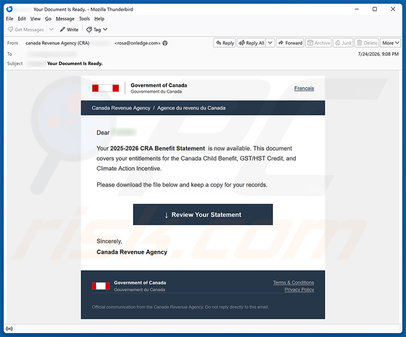 Campagne de spam par e-mail Canada Revenue Agency (CRA) Benefit Statement