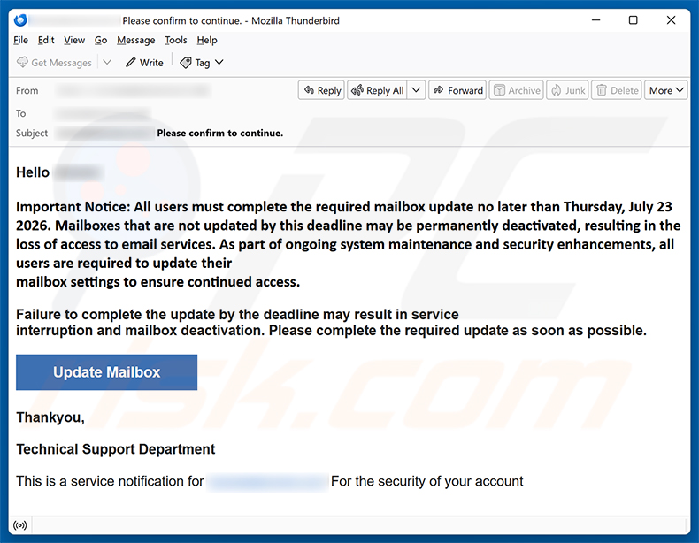 Campagne de spam par e-mail Complete The Required Mailbox Update arnaque par e-mail