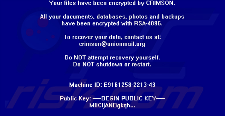 Note de rançon du ransomware CRIMSON (message en plein écran)