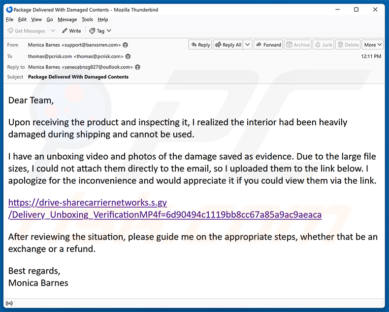 Campagne de spam par e-mail Damaged Package Email Virus