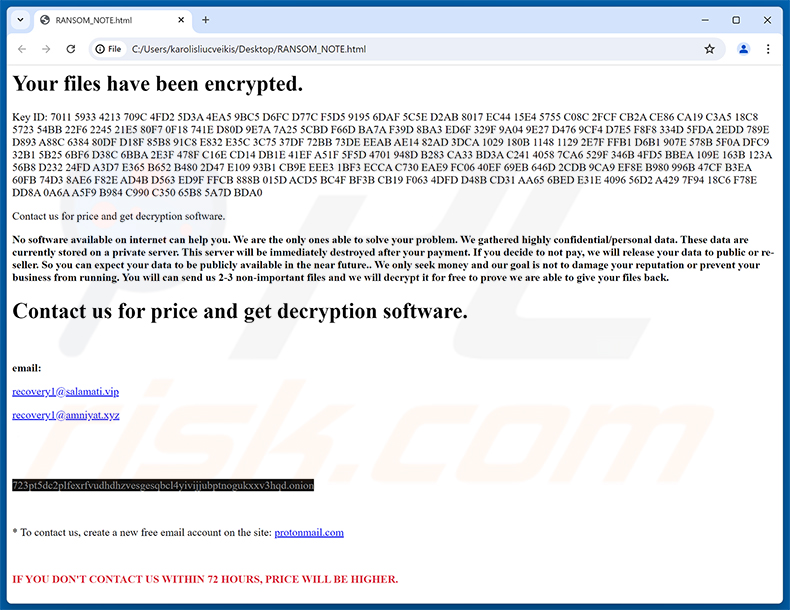 Demande de rançon du ransomware Developer (RANSOM_NOTE.html)