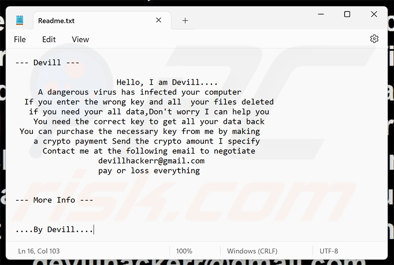 Demande de rançon du ransomware Devill (Readme.txt)