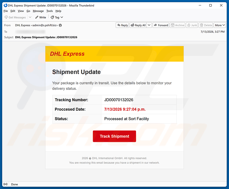 Campagne de spam par e-mail DHL Express Shipment Update